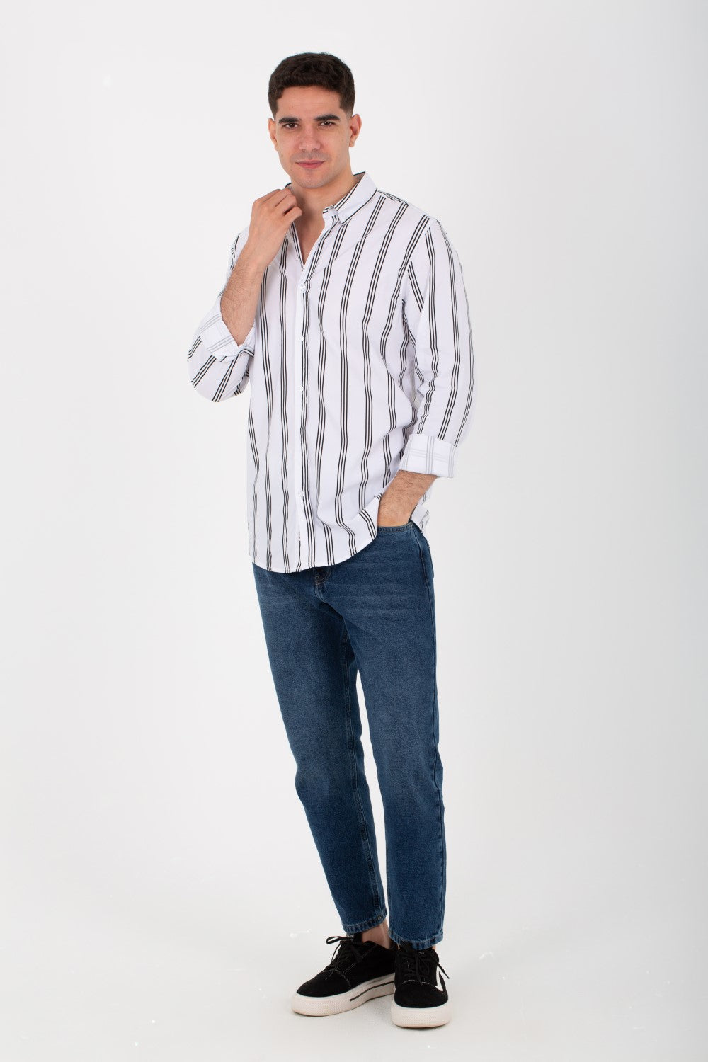 Mens Striped Slim Fit Poplin Shirt With Long Sleeves And Collar