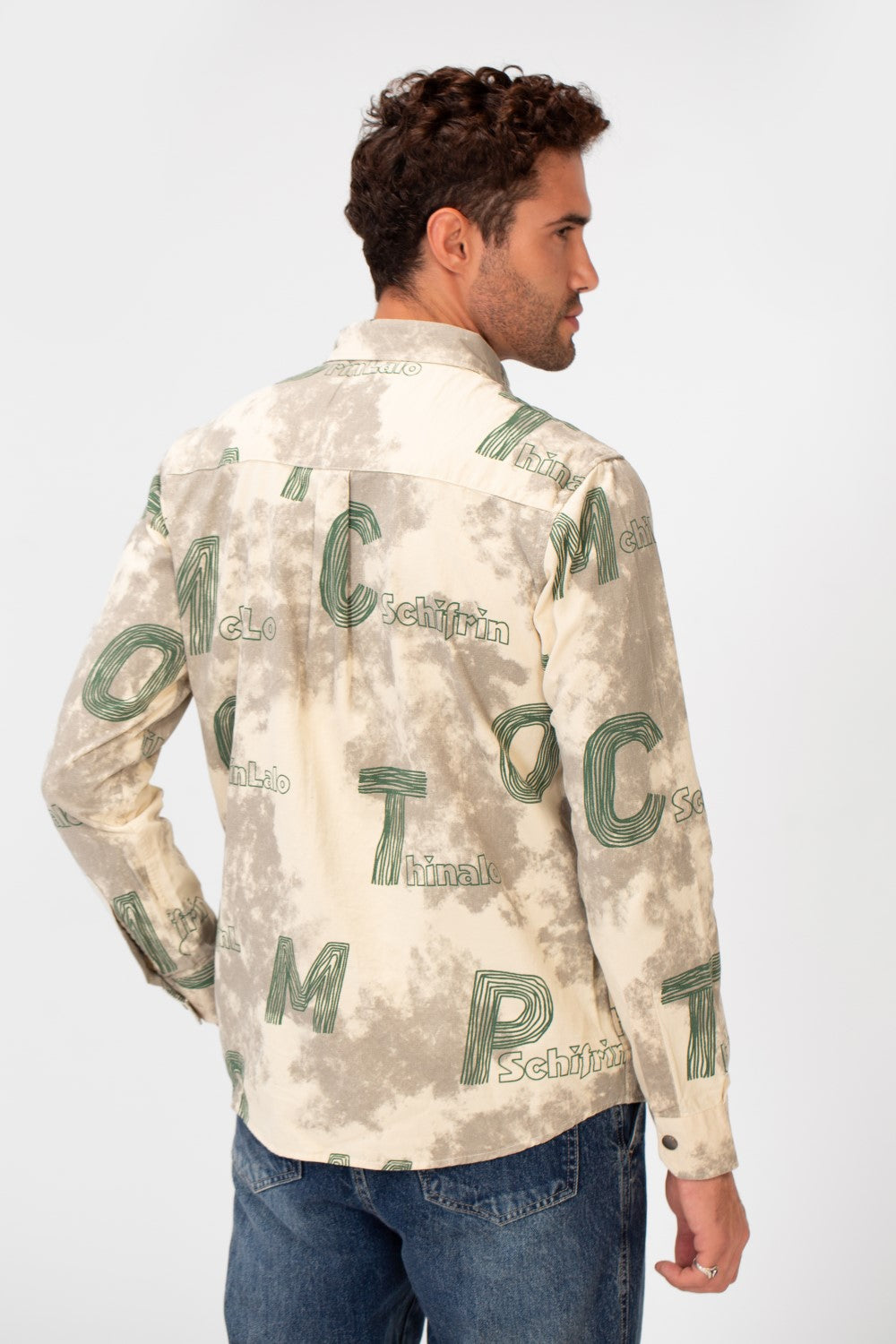 Men's Long Sleeved Letter Print Casual Shirt With Front Pocket