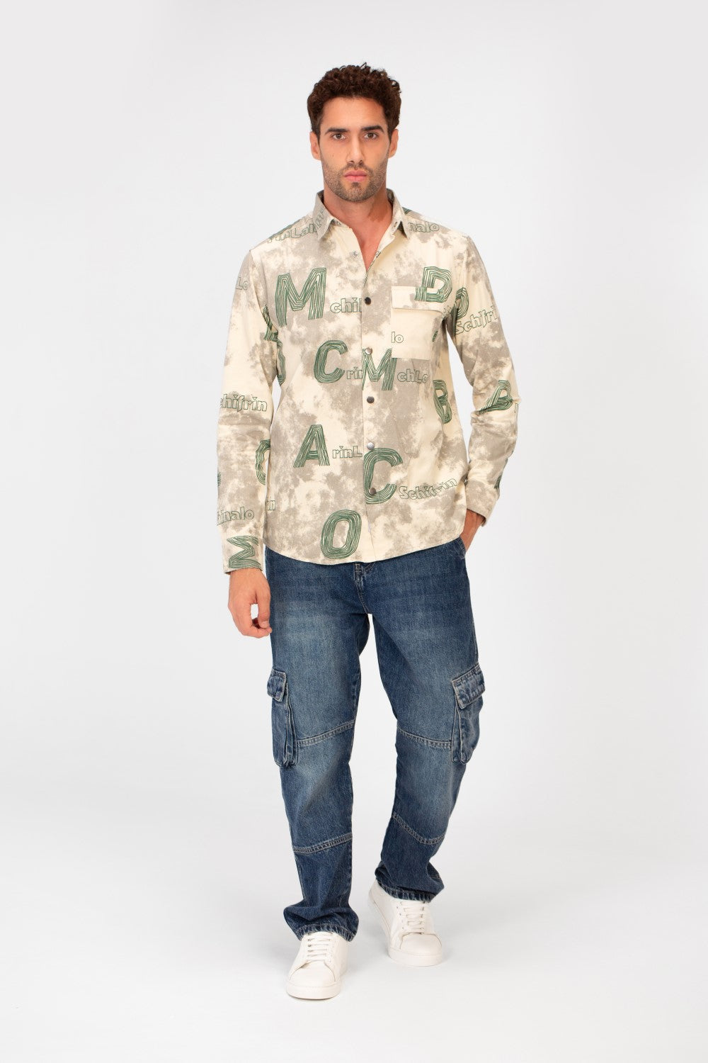 Men's Long Sleeved Letter Print Casual Shirt With Front Pocket