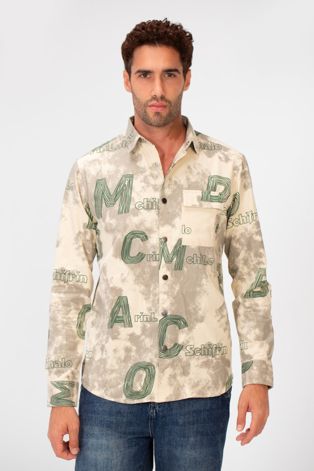 Men's Long Sleeved Letter Print Casual Shirt With Front Pocket