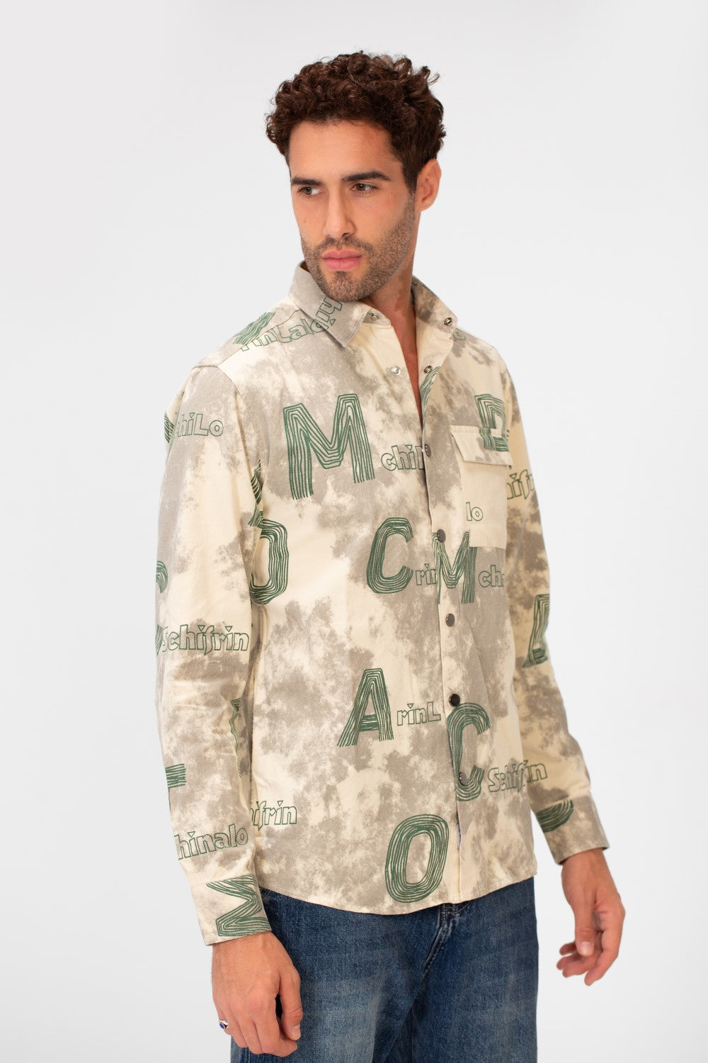 Men's Long Sleeved Letter Print Casual Shirt With Front Pocket
