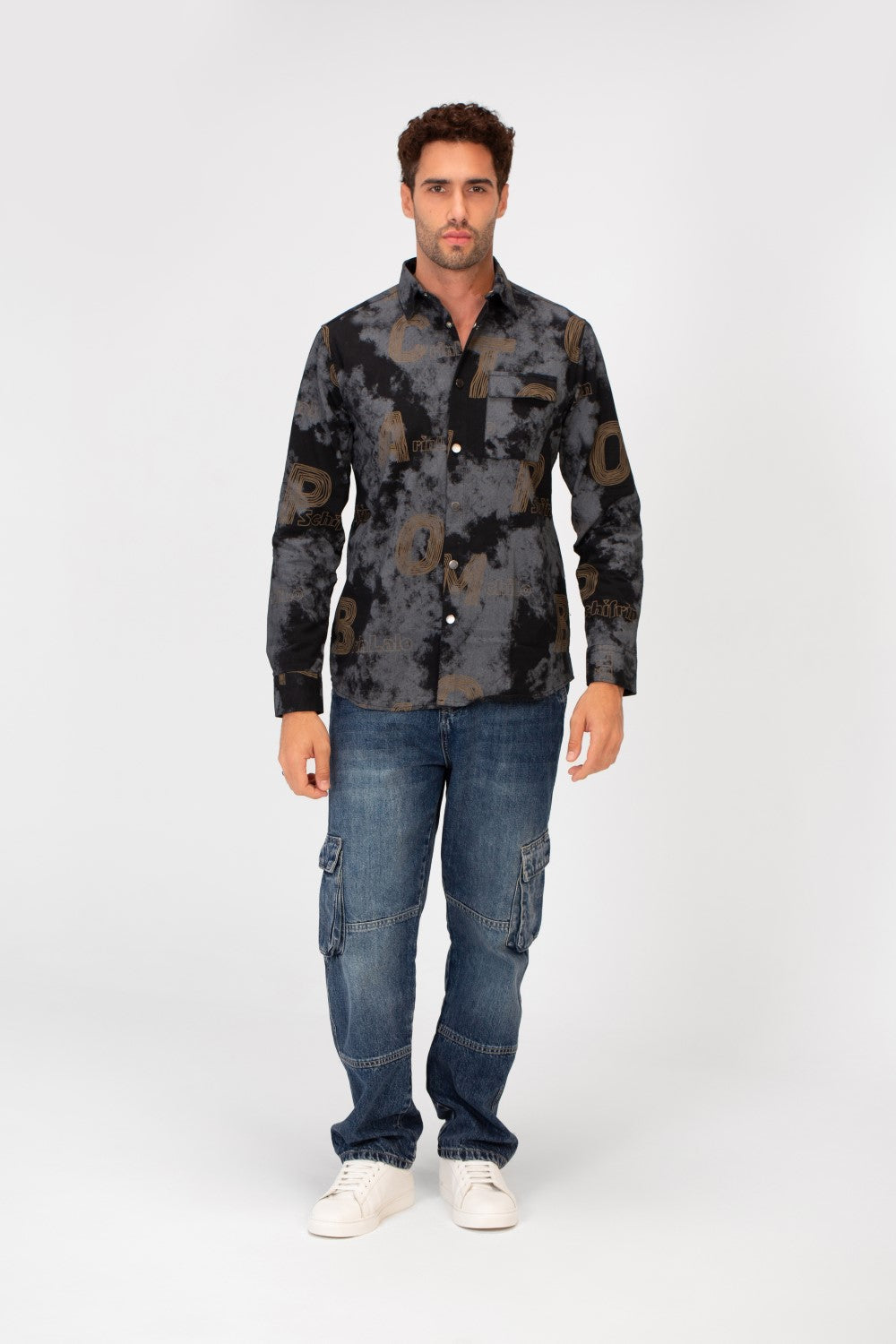 Men's Long Sleeved Letter Print Casual Shirt With Front Pocket