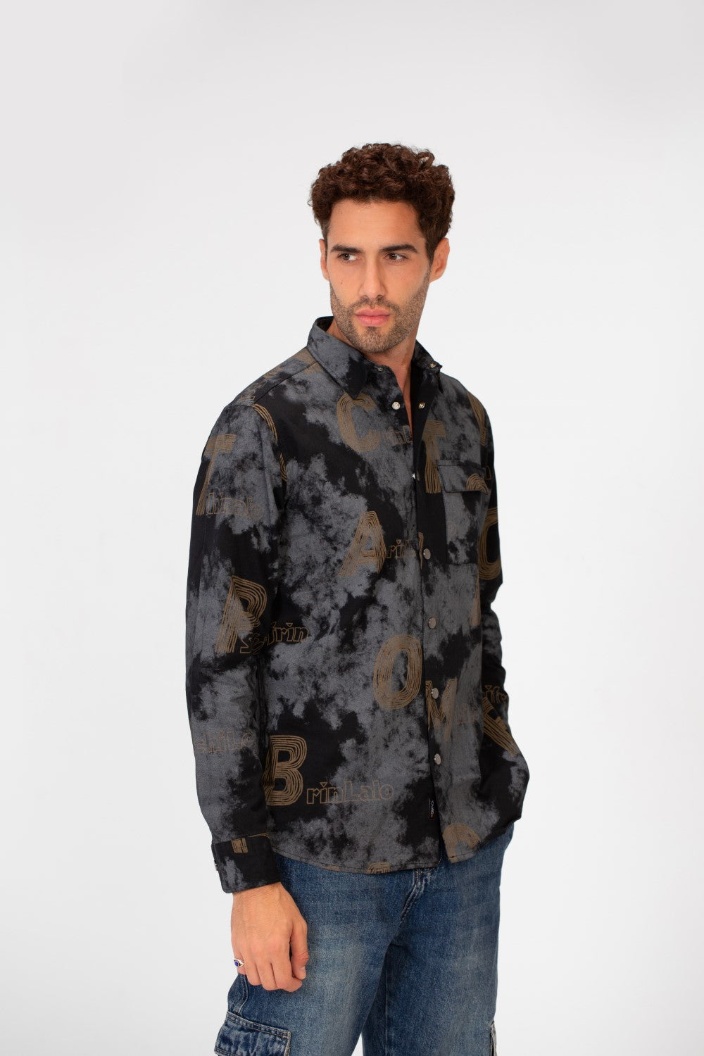 Men's Long Sleeved Letter Print Casual Shirt With Front Pocket