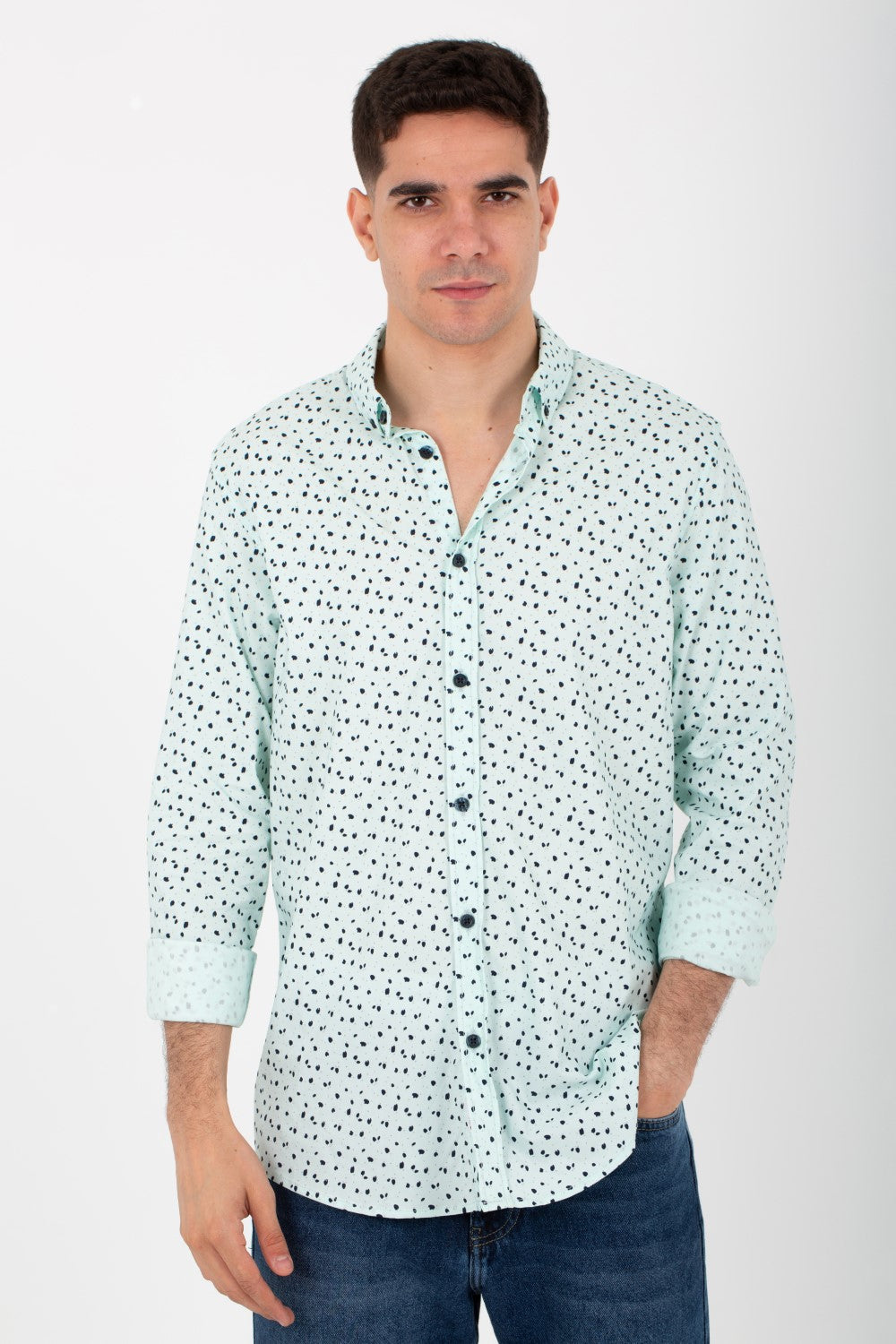 Mens Dotted Slim Fit Poplin Shirt With Long Sleeves And Collar
