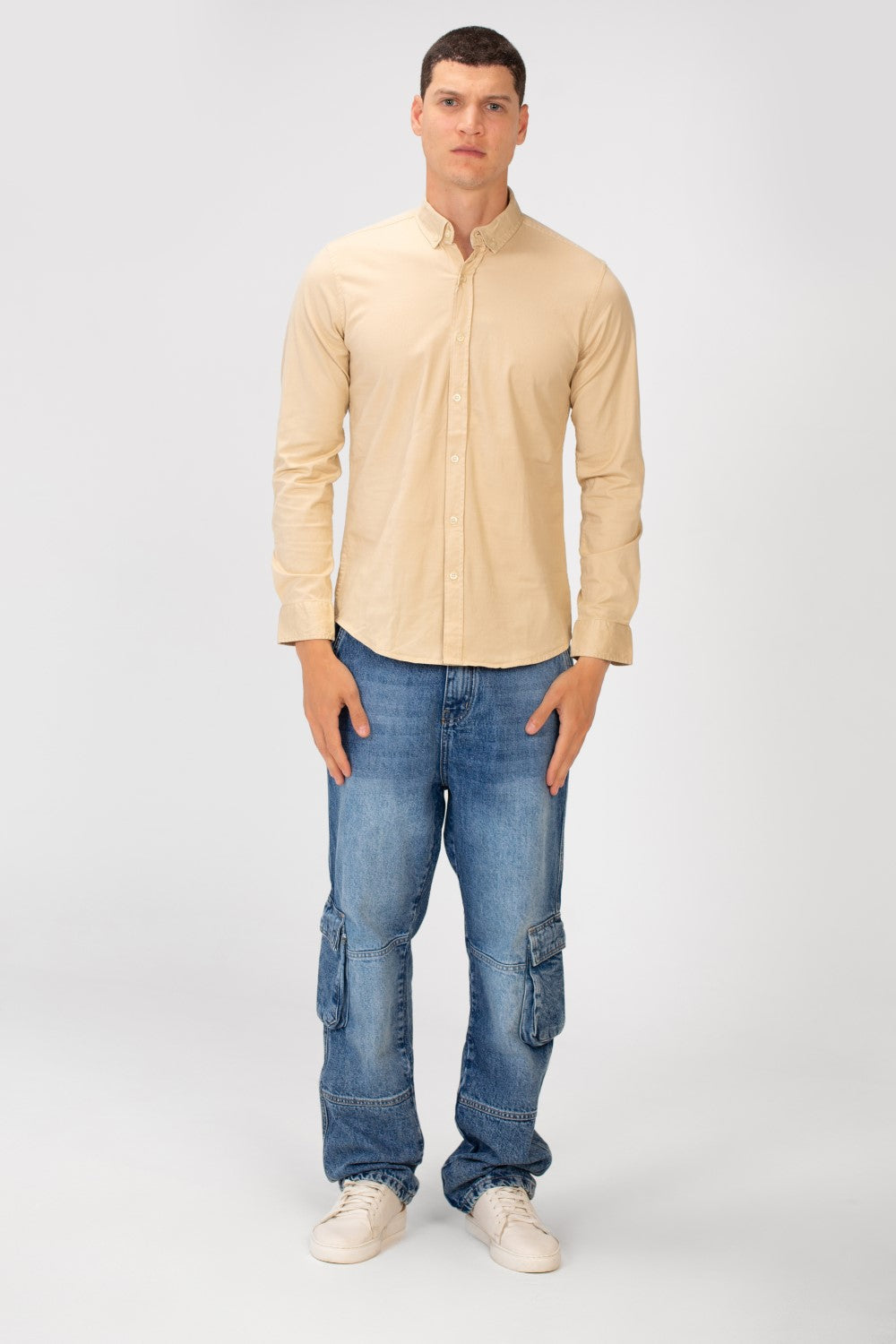 Men's Basic Slim Fit Gabardine Lycra Shirt with Long Sleeves and Full Buttons