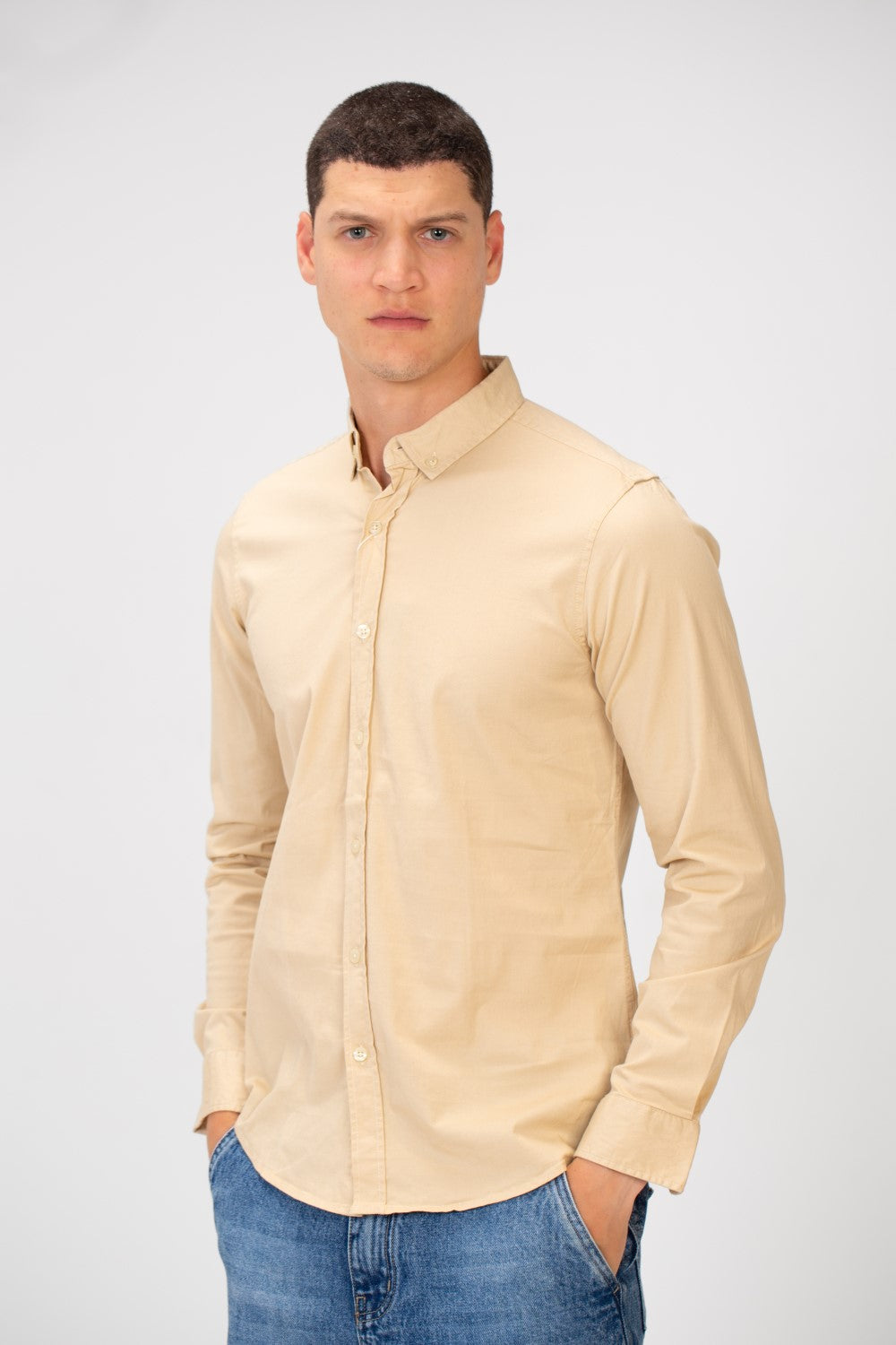 Men's Basic Slim Fit Gabardine Lycra Shirt with Long Sleeves and Full Buttons