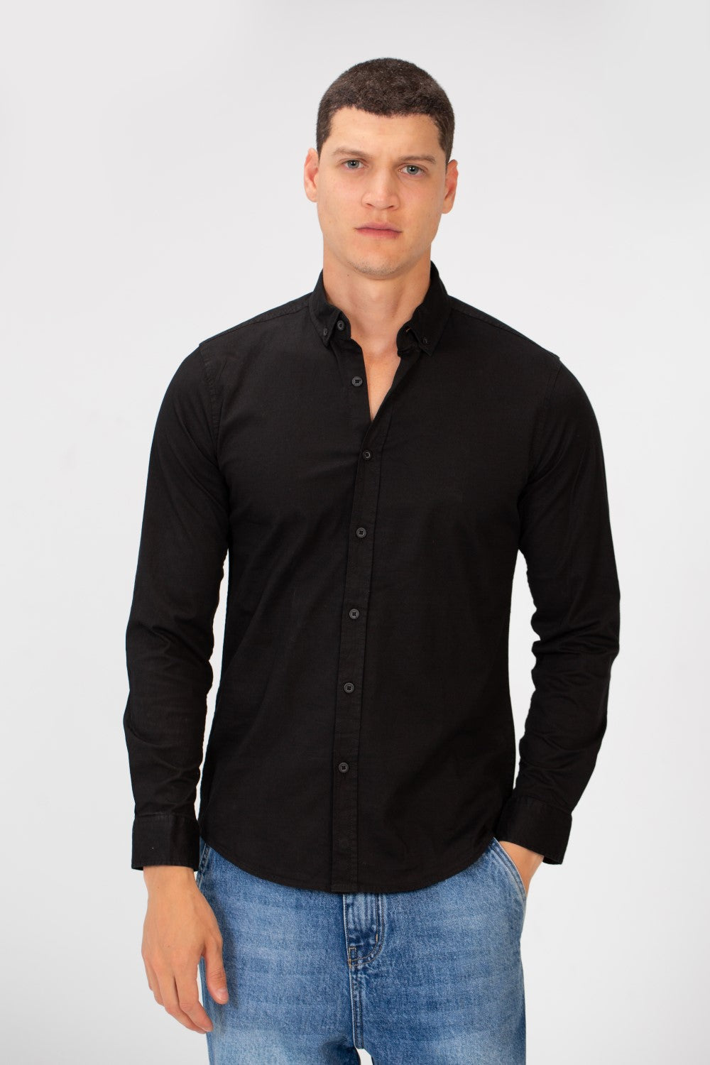 Men's Basic Slim Fit Gabardine Lycra Shirt with Long Sleeves and Full Buttons