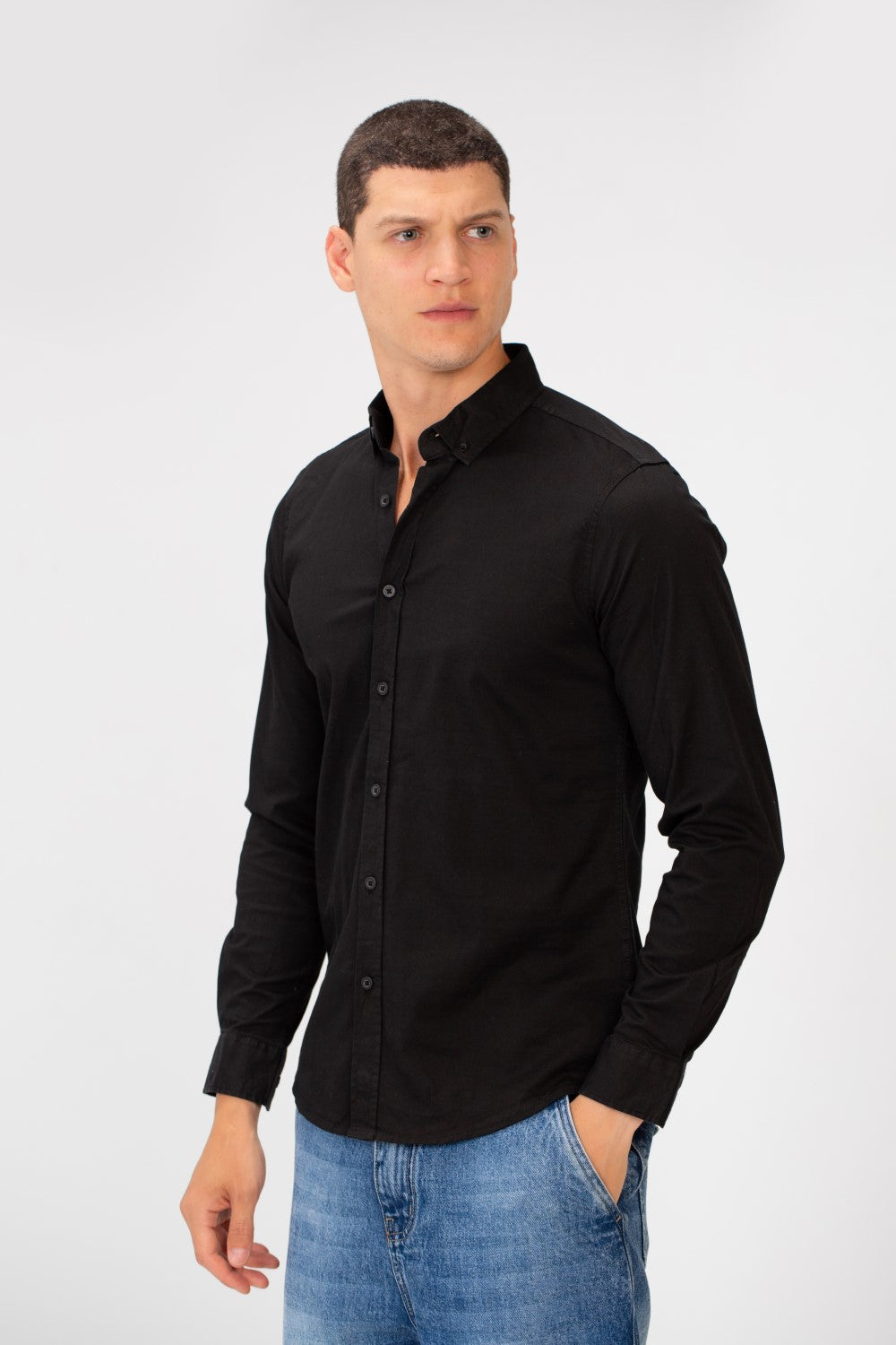 Men's Basic Slim Fit Gabardine Lycra Shirt with Long Sleeves and Full Buttons