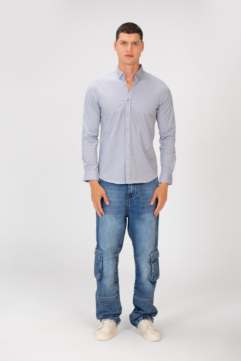 Men's Basic Slim Fit Gabardine Lycra Shirt with Long Sleeves and Full Buttons