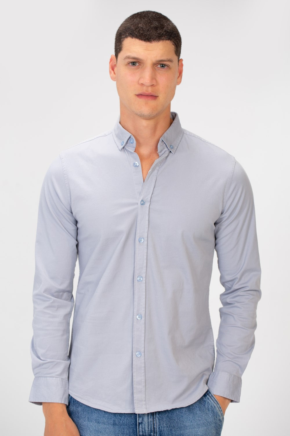 Men's Basic Slim Fit Gabardine Lycra Shirt with Long Sleeves and Full Buttons