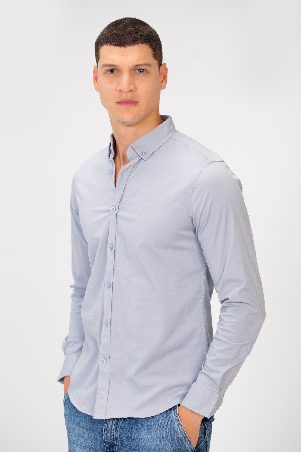 Men's Basic Slim Fit Gabardine Lycra Shirt with Long Sleeves and Full Buttons