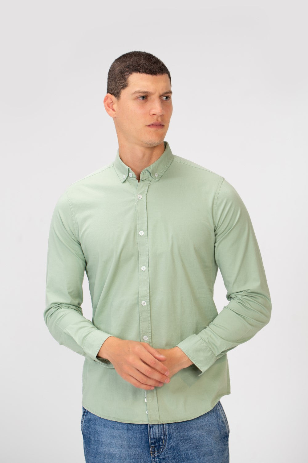 Men's Basic Slim Fit Gabardine Lycra Shirt with Long Sleeves and Full Buttons
