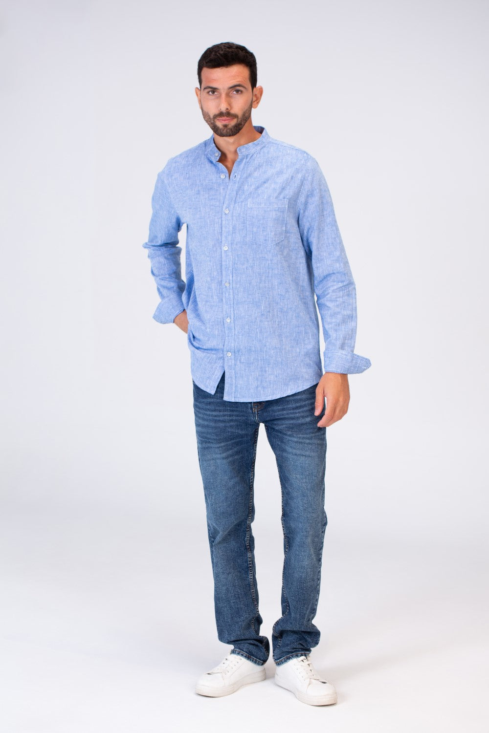 قميص رجالي أساسي Slim Fit كتان بأكمام طويلة وأزرار من الأمام