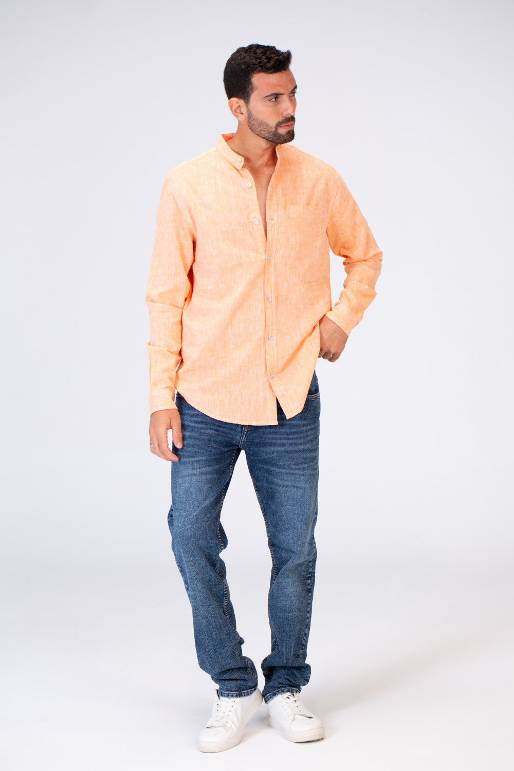 قميص رجالي أساسي Slim Fit كتان بأكمام طويلة وأزرار من الأمام