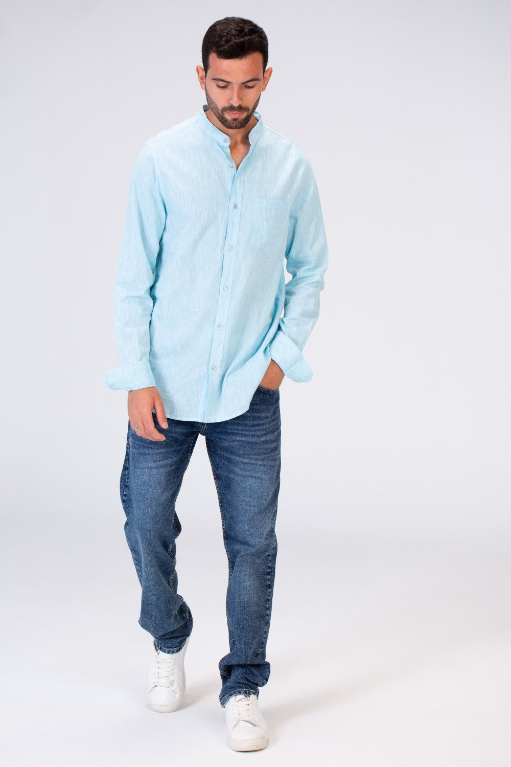 قميص رجالي أساسي Slim Fit كتان بأكمام طويلة وأزرار من الأمام