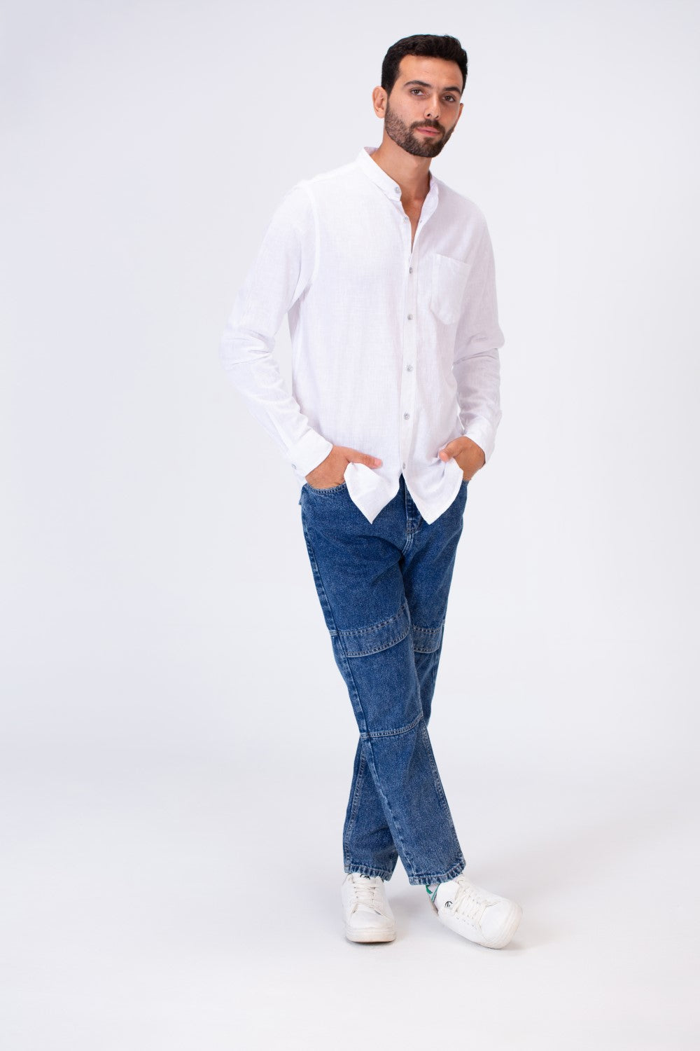 قميص رجالي أساسي Slim Fit كتان بأكمام طويلة وأزرار من الأمام