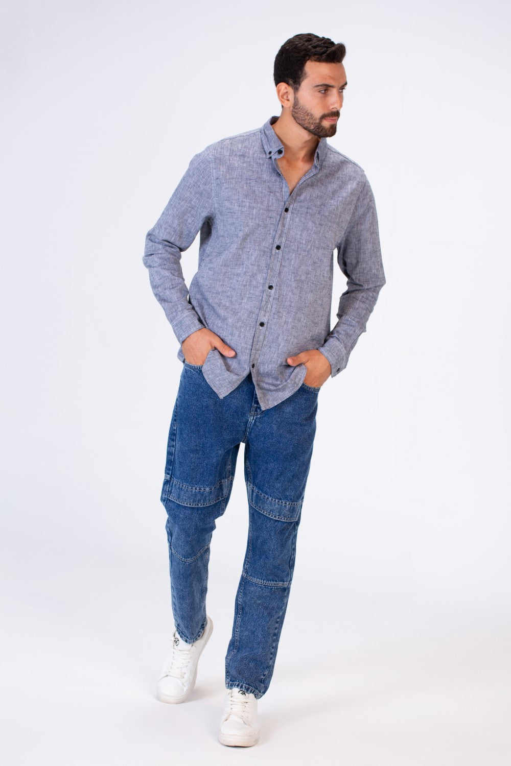 قميص رجالي أساسي Slim Fit بأكمام طويلة من خامة كتان مريحة