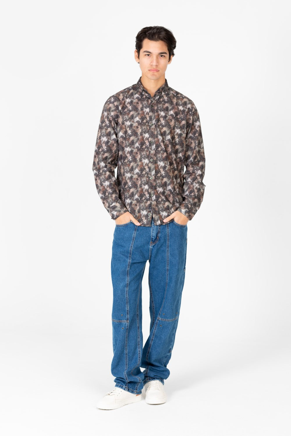 Men's Slim Fit Printed Poplin Long Sleeve Shirt