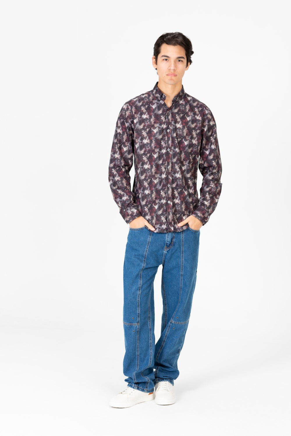 Men's Slim Fit Printed Poplin Long Sleeve Shirt