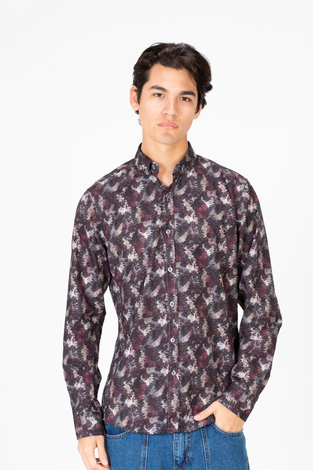 Men's Slim Fit Printed Poplin Long Sleeve Shirt