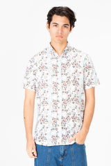 قميص رجالي Slim Fit بوبلين نصف كم أبيض بنقشة خشبية