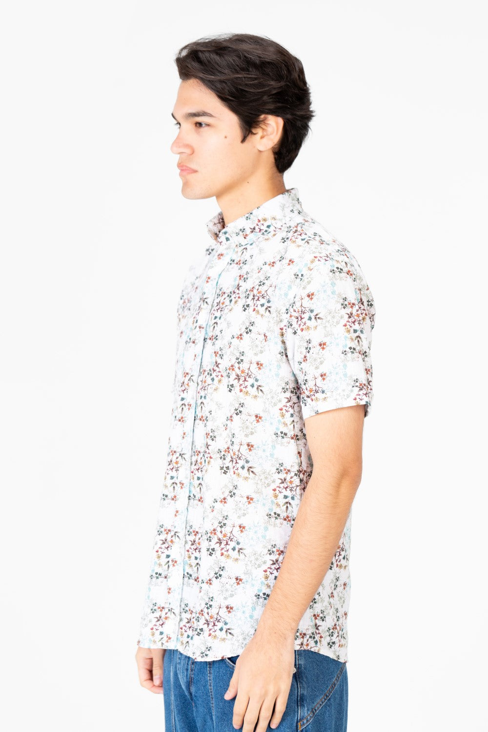 قميص رجالي Slim Fit بوبلين نصف كم أبيض بنقشة خشبية