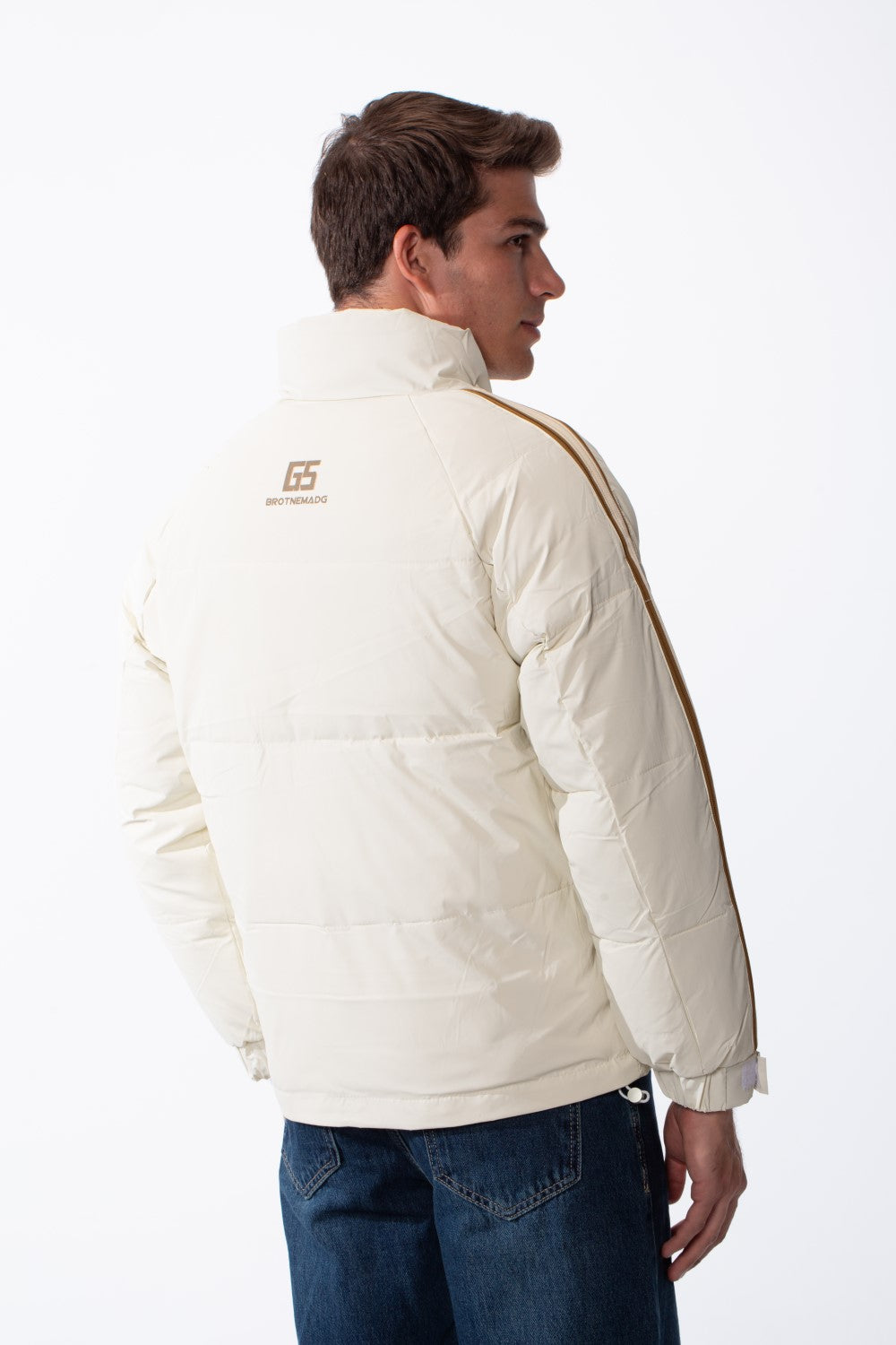 Men's Waterproof Long Stripe Sleeves High Neck Full-Zip Side Pockets Puffer Jacket