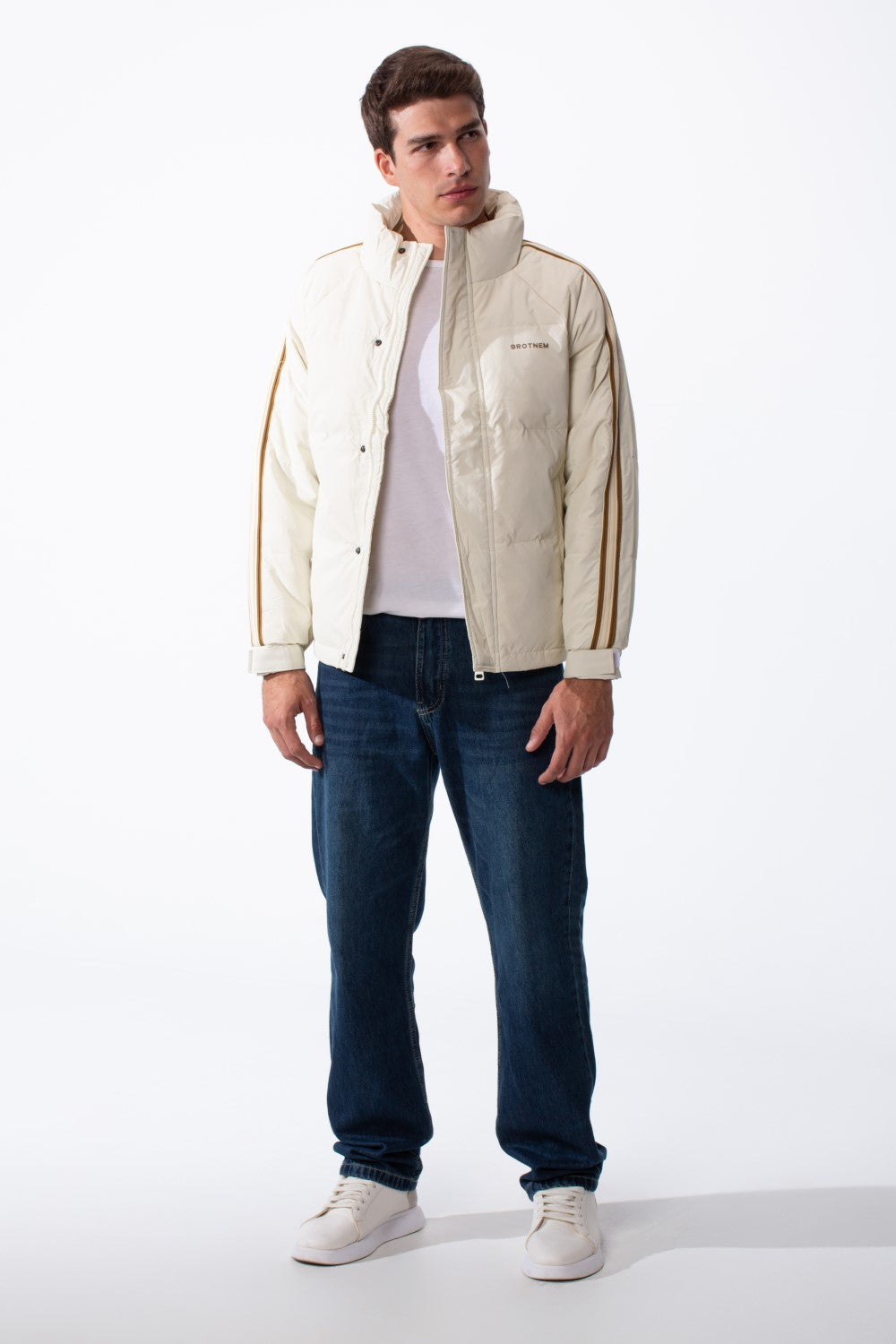Men's Waterproof Long Stripe Sleeves High Neck Full-Zip Side Pockets Puffer Jacket