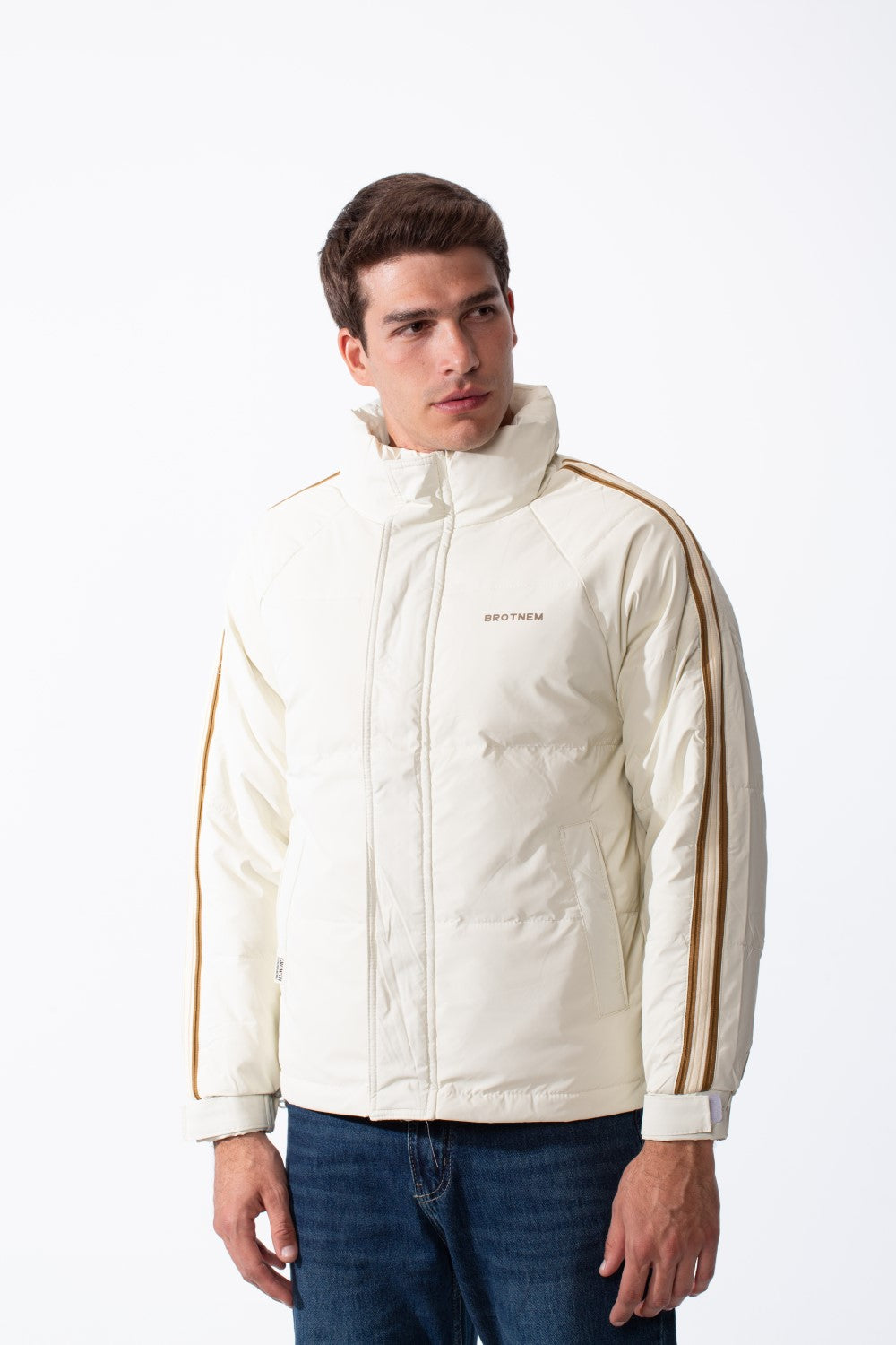 Men's Waterproof Long Stripe Sleeves High Neck Full-Zip Side Pockets Puffer Jacket