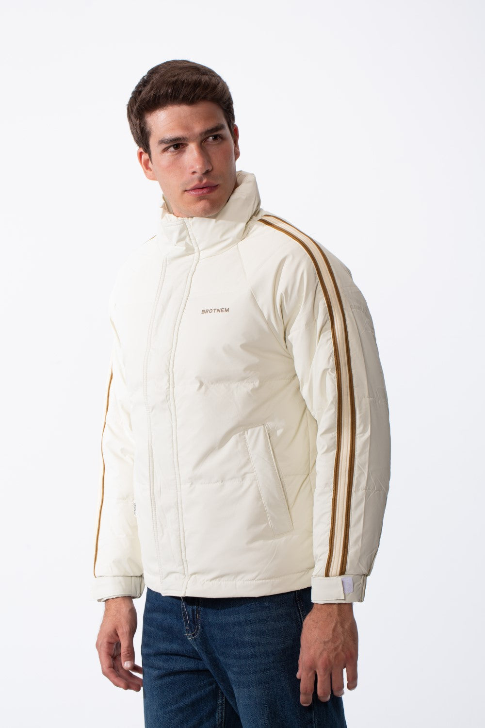 Men's Waterproof Long Stripe Sleeves High Neck Full-Zip Side Pockets Puffer Jacket