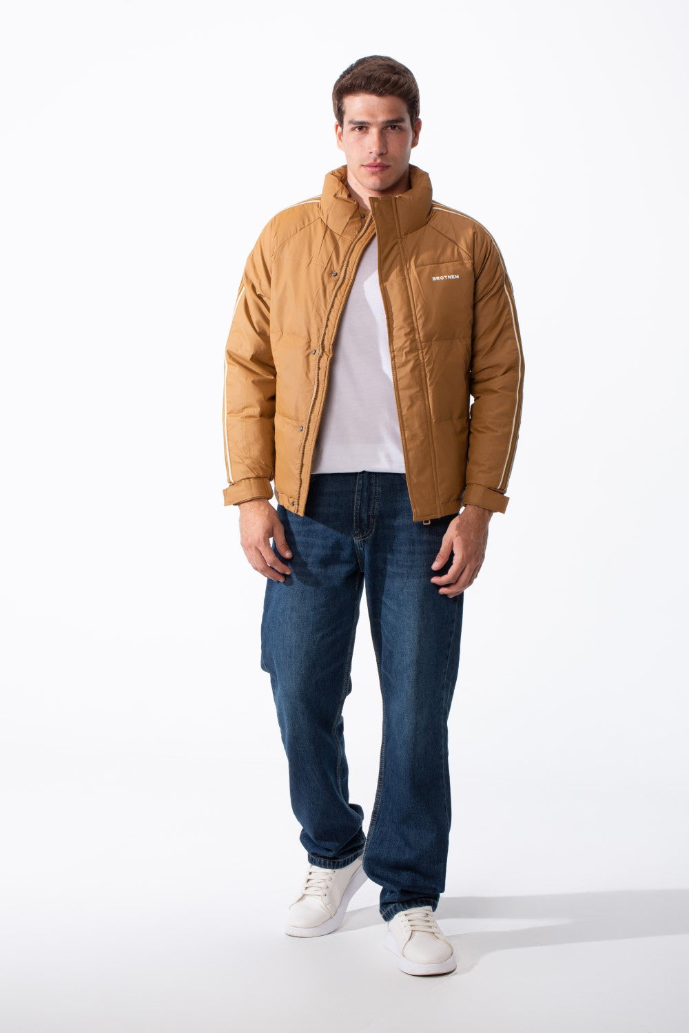 Men's Waterproof Long Stripe Sleeves High Neck Full-Zip Side Pockets Puffer Jacket