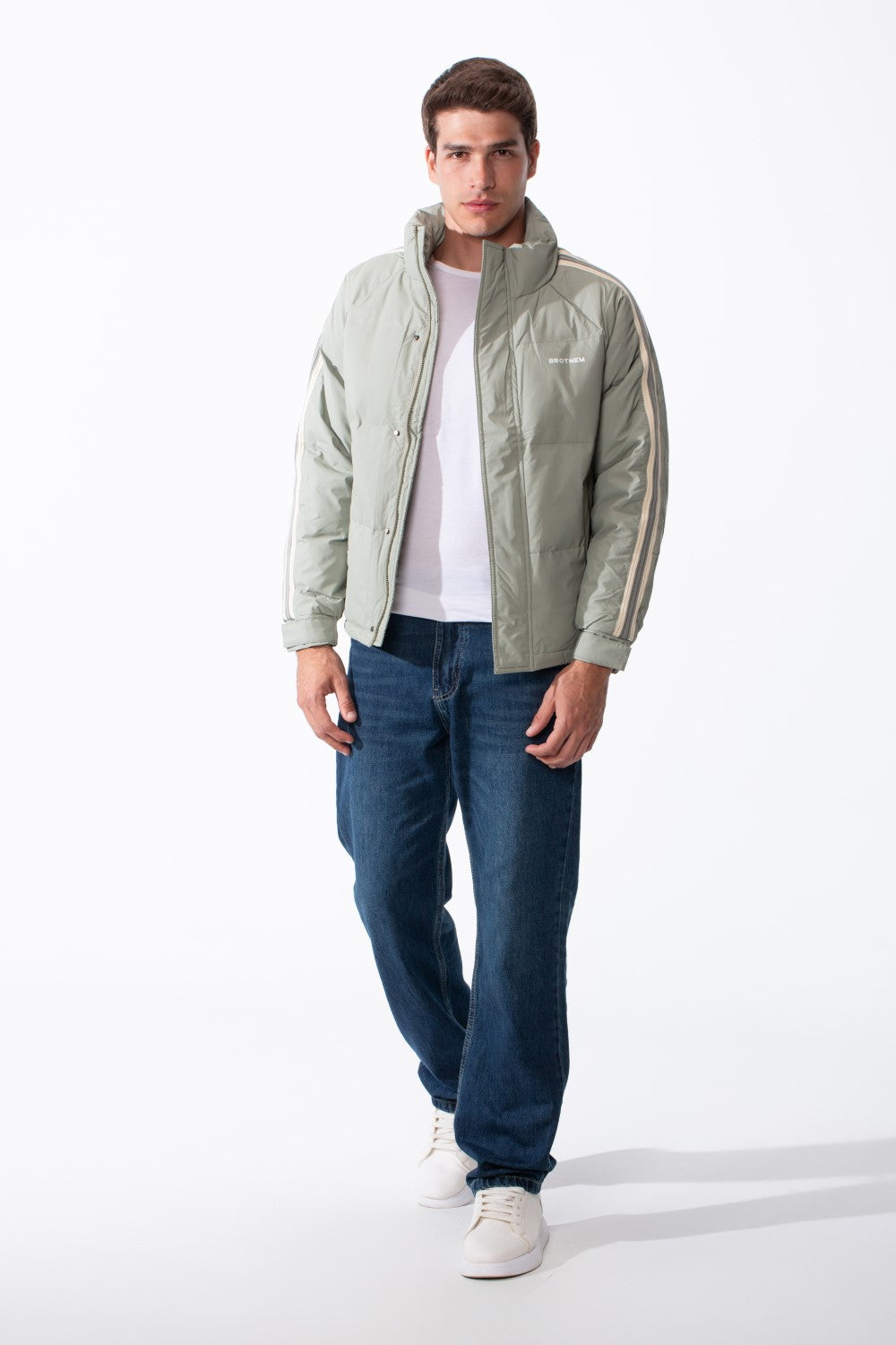 Men's Waterproof Long Stripe Sleeves High Neck Full-Zip Side Pockets Puffer Jacket