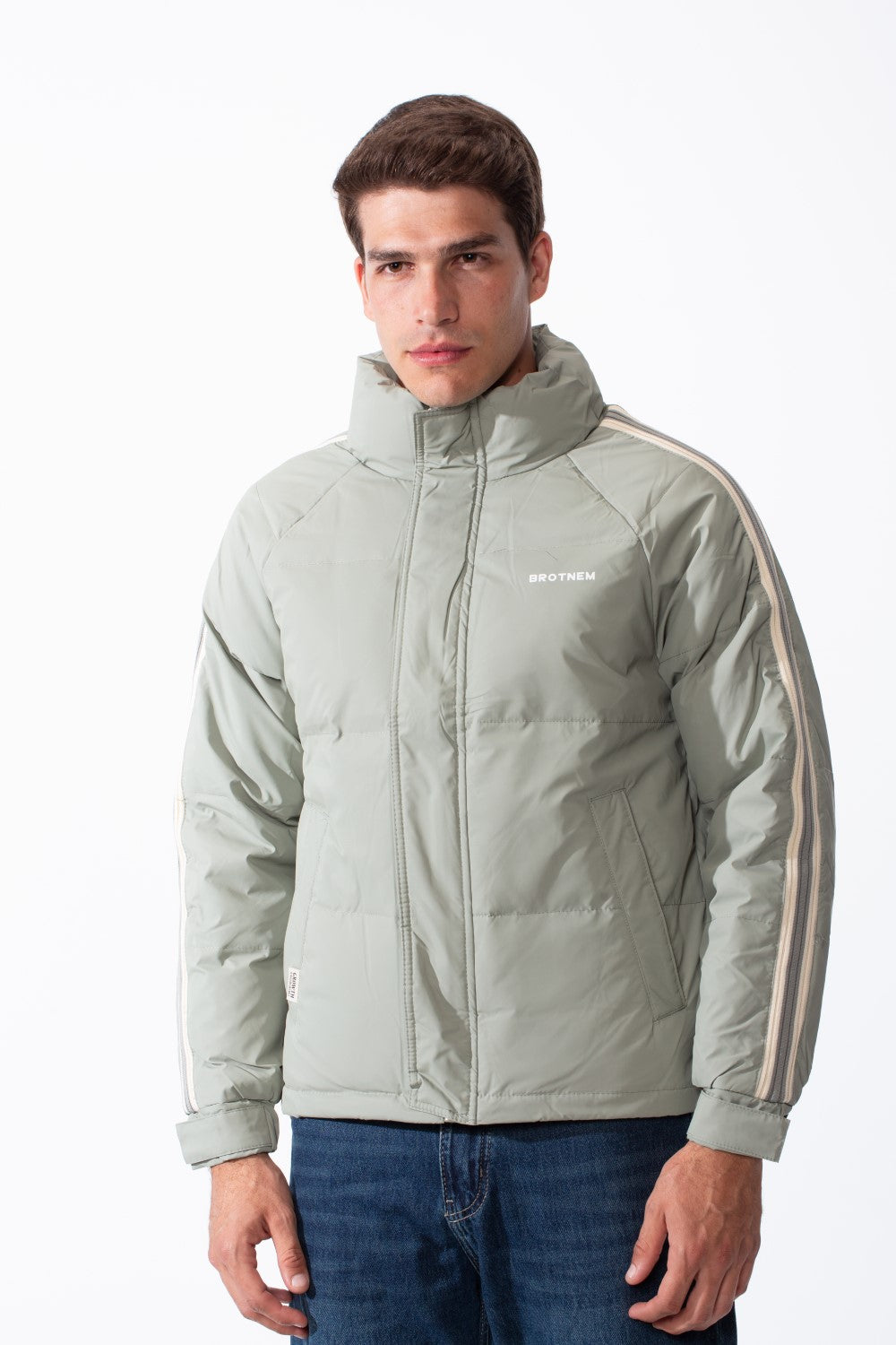 Men's Waterproof Long Stripe Sleeves High Neck Full-Zip Side Pockets Puffer Jacket
