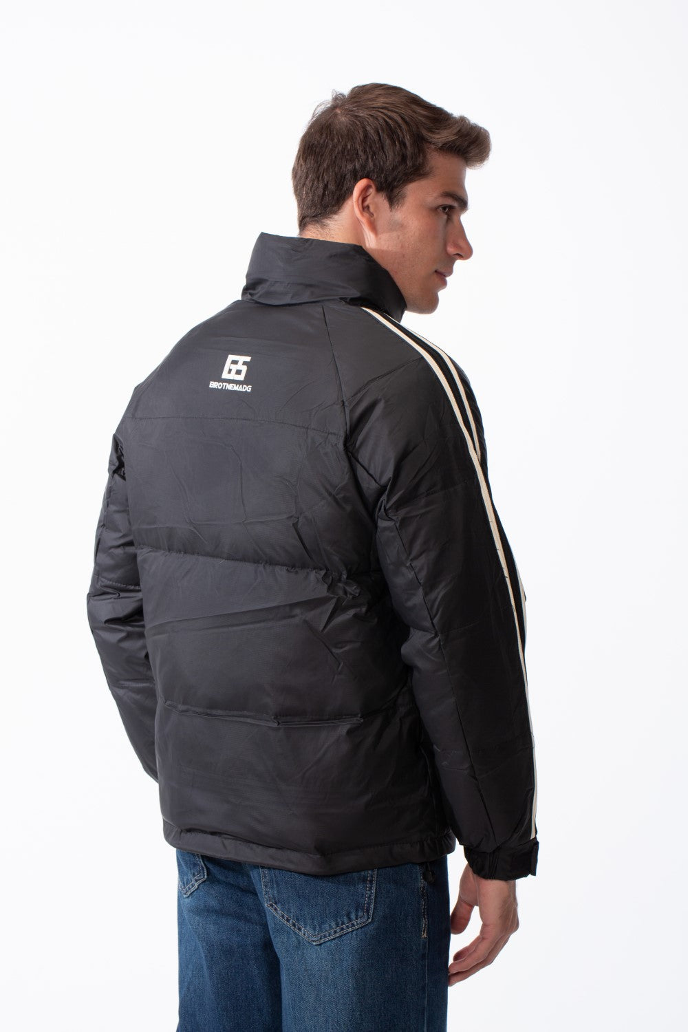 Men's Waterproof Long Stripe Sleeves High Neck Full-Zip Side Pockets Puffer Jacket