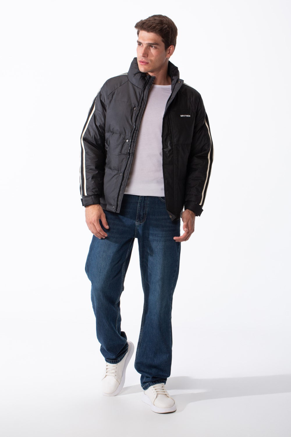 Men's Waterproof Long Stripe Sleeves High Neck Full-Zip Side Pockets Puffer Jacket