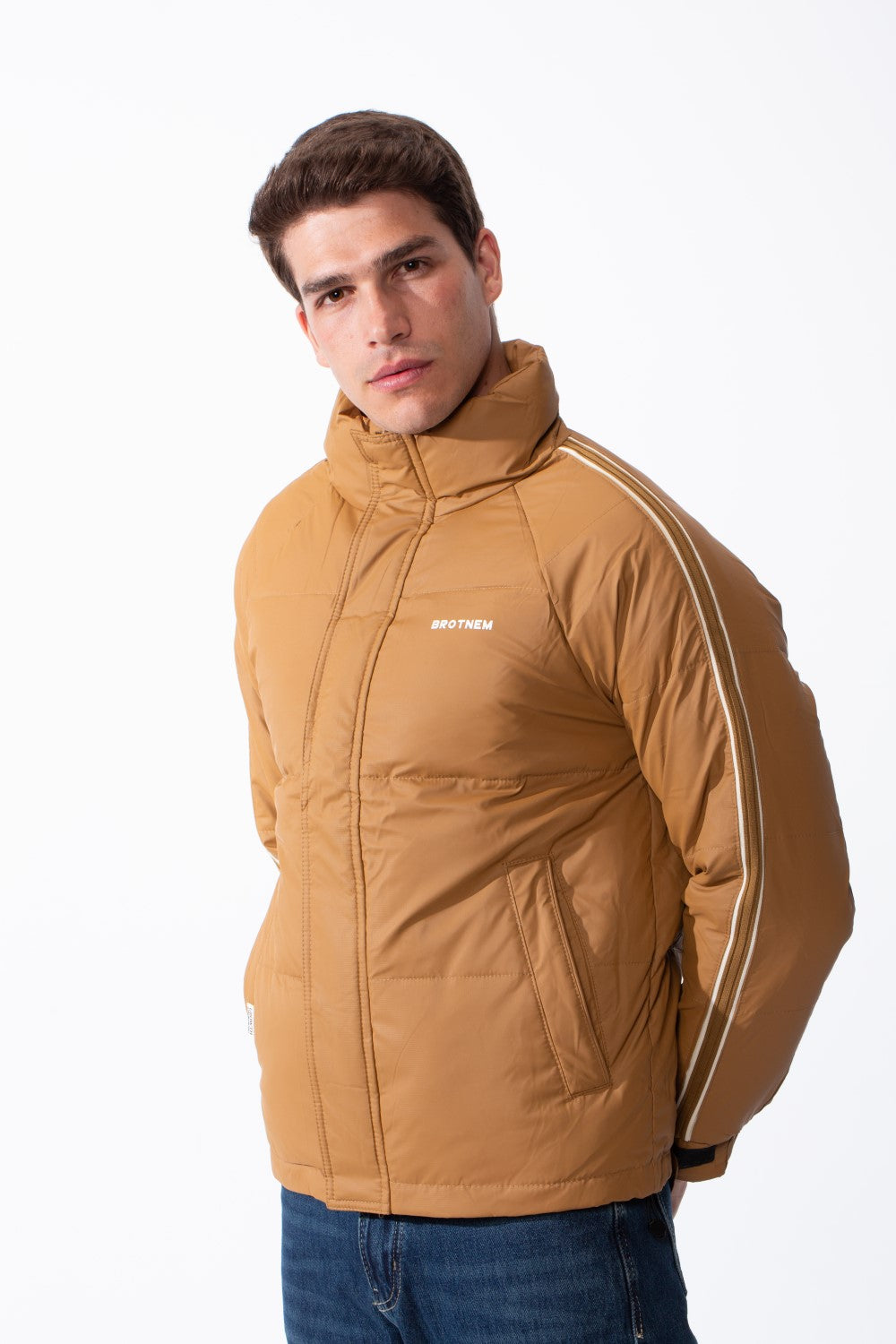 Men's Waterproof Long Stripe Sleeves High Neck Full-Zip Side Pockets Puffer Jacket