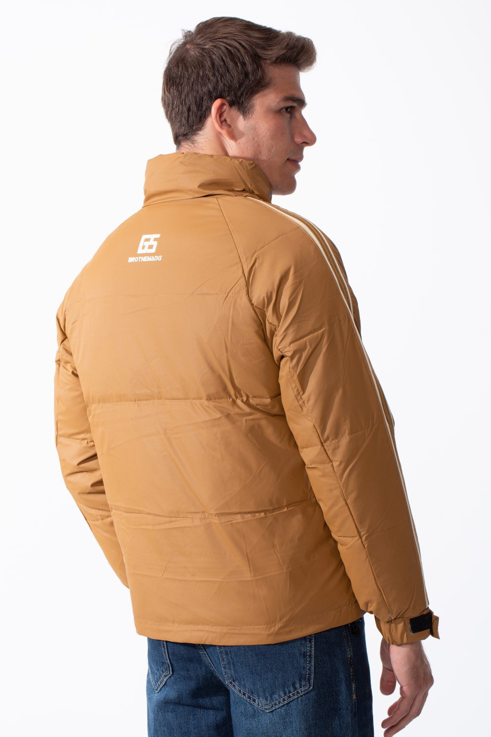 Men's Waterproof Long Stripe Sleeves High Neck Full-Zip Side Pockets Puffer Jacket