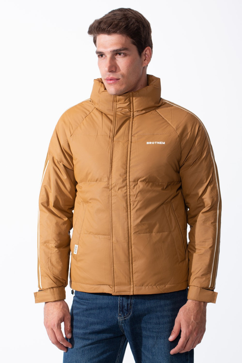 Men's Waterproof Long Stripe Sleeves High Neck Full-Zip Side Pockets Puffer Jacket