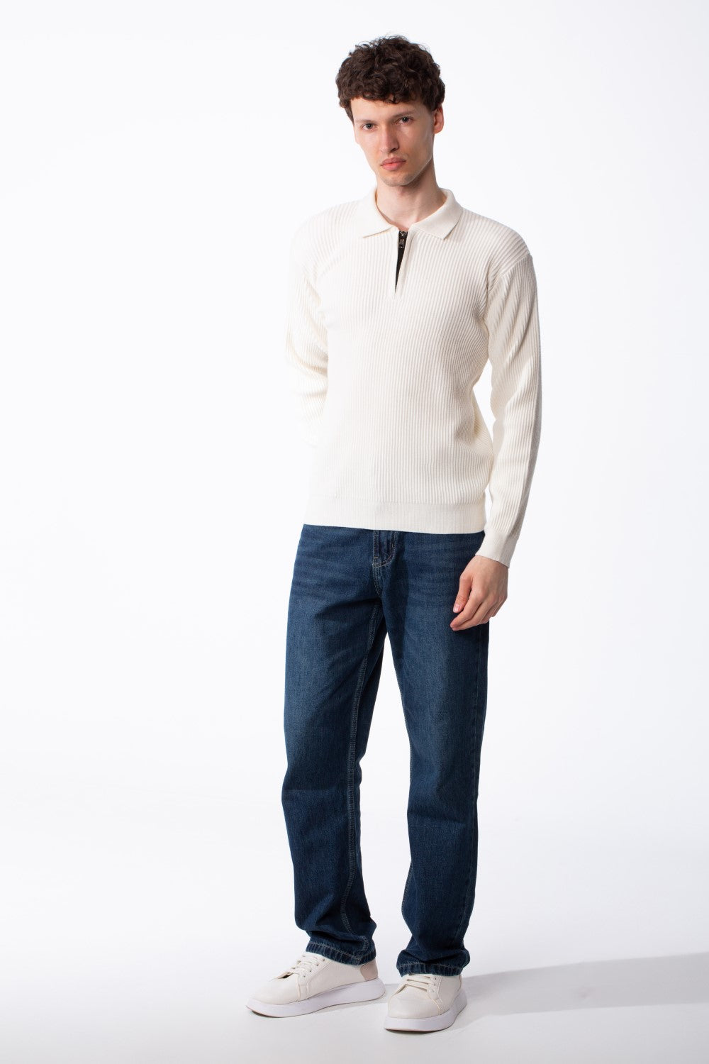 Men's Vertical Ribbed Knit Polo Classic Spread Polo Collar With Half Zip Closure Smart Casual Pullover