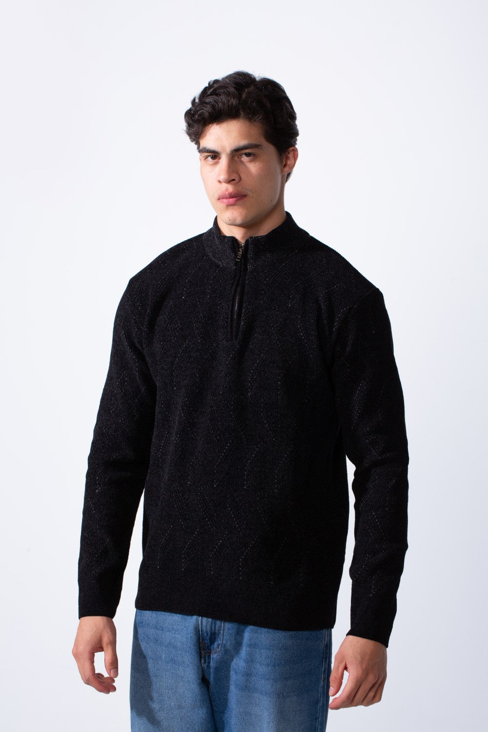 Men's Quarter Zip Textured Fabric High Neck Slim Fit Modern Pullover