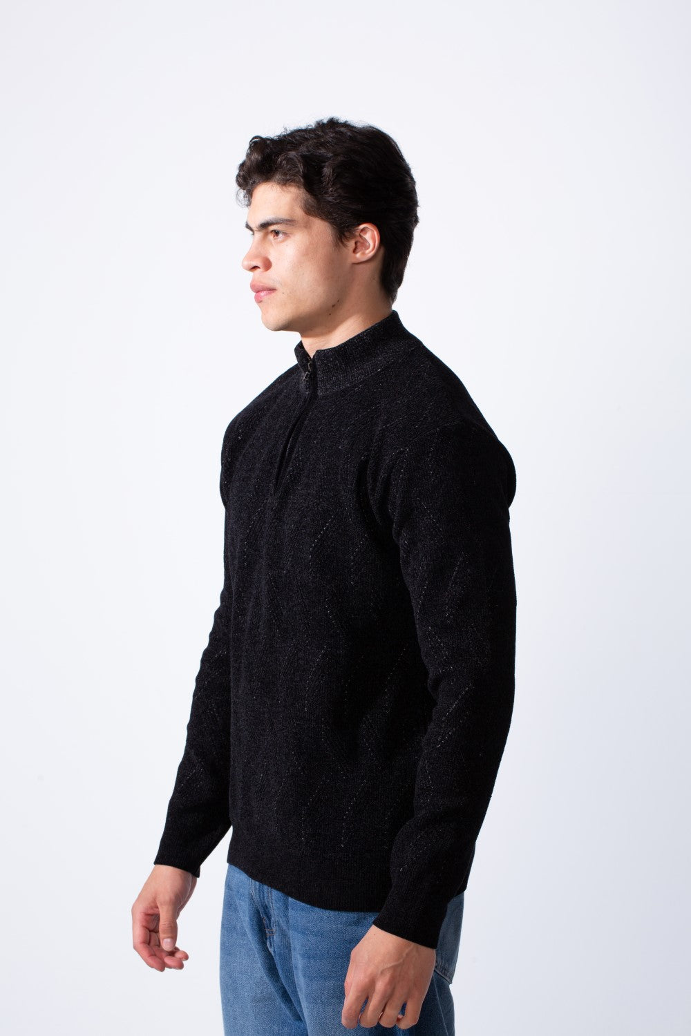 Men's Quarter Zip Textured Fabric High Neck Slim Fit Modern Pullover