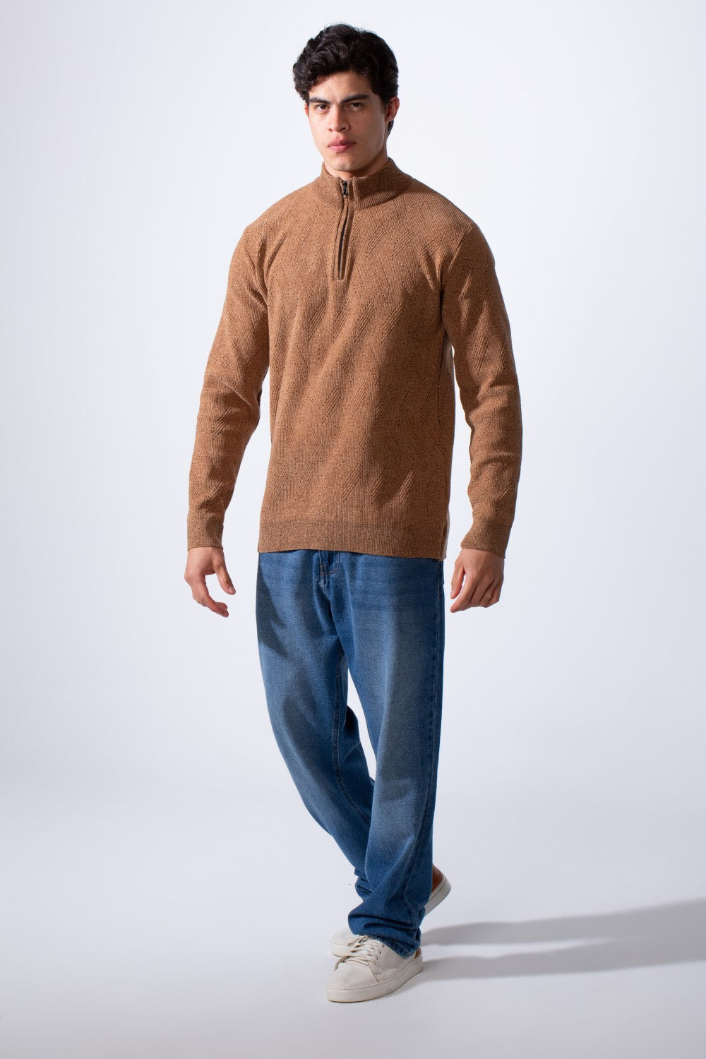 Men's Quarter Zip Textured Fabric High Neck Slim Fit Modern Pullover