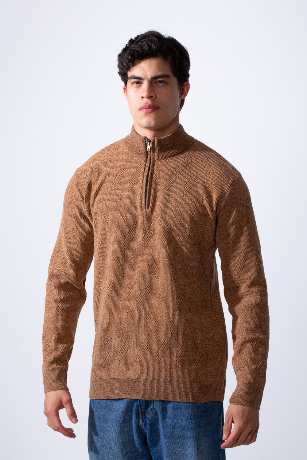 Men's Quarter Zip Textured Fabric High Neck Slim Fit Modern Pullover