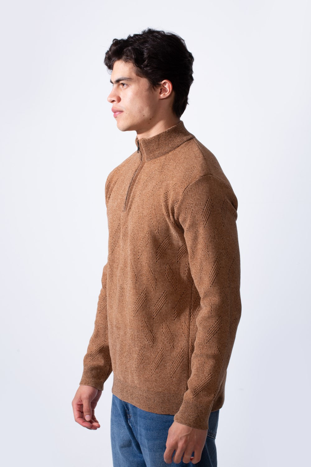 Men's Quarter Zip Textured Fabric High Neck Slim Fit Modern Pullover