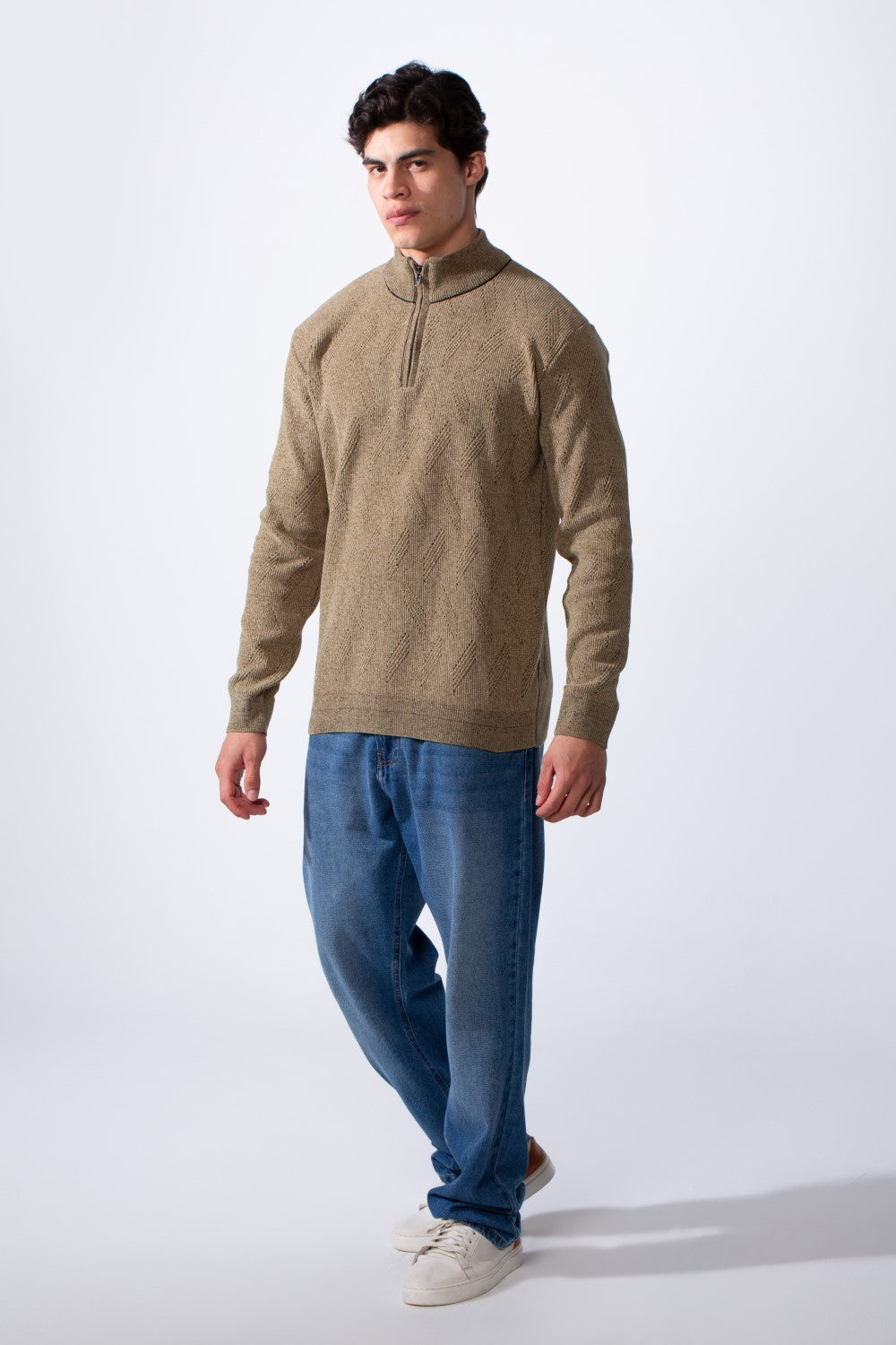 Men's Quarter Zip Textured Fabric High Neck Slim Fit Modern Pullover