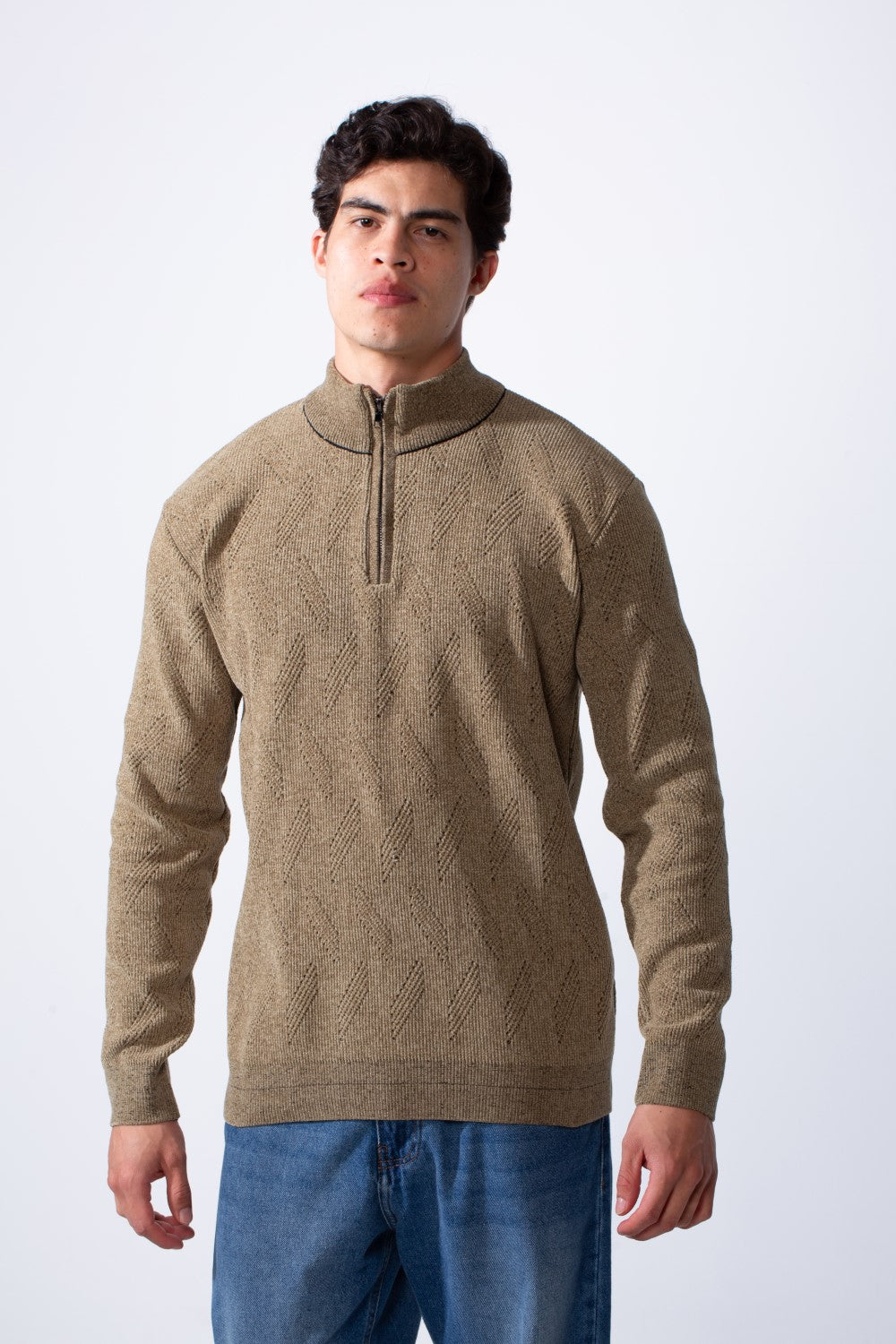 Men's Quarter Zip Textured Fabric High Neck Slim Fit Modern Pullover