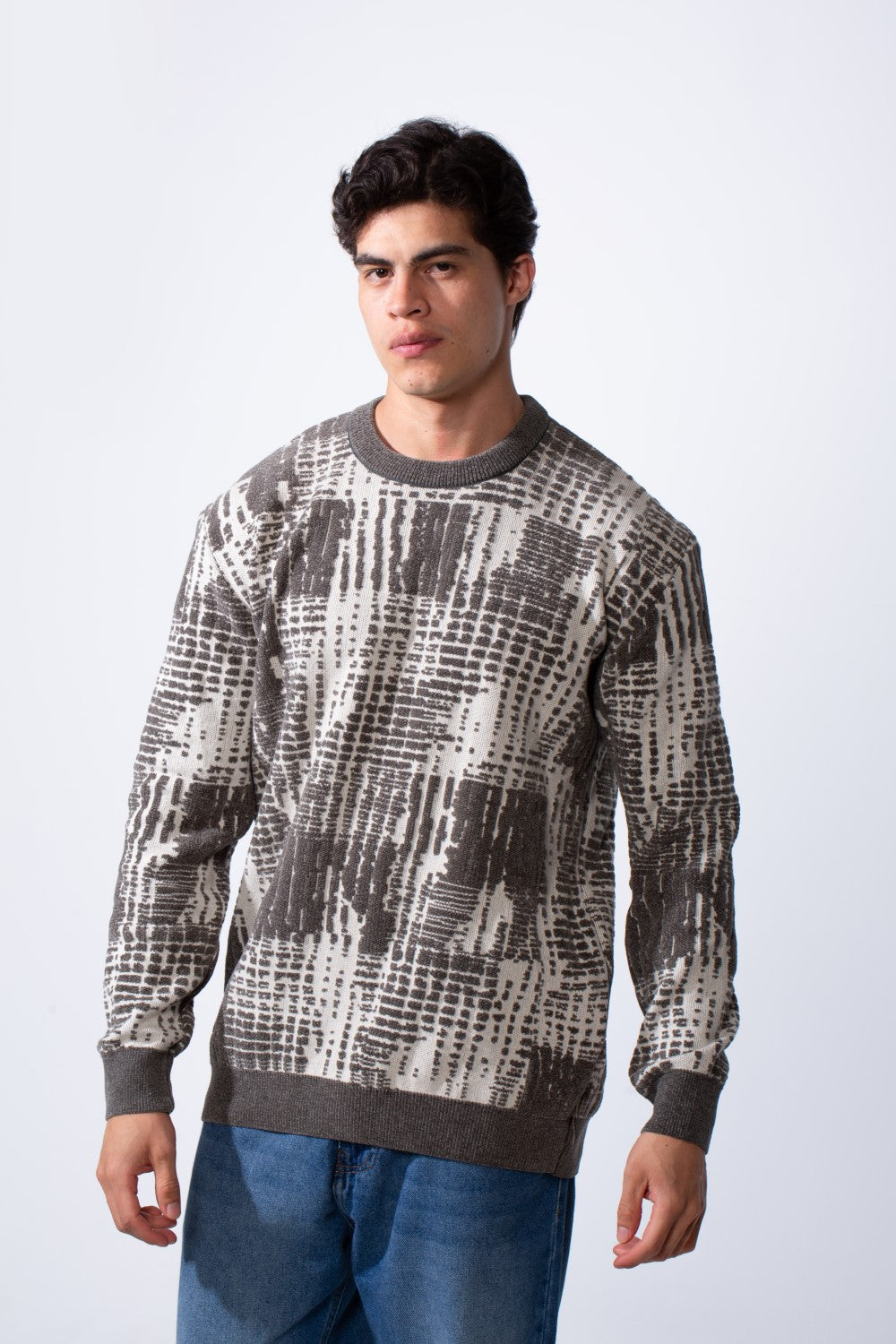 Men's Round Neck Jakar Slim Fit Printed Pullover