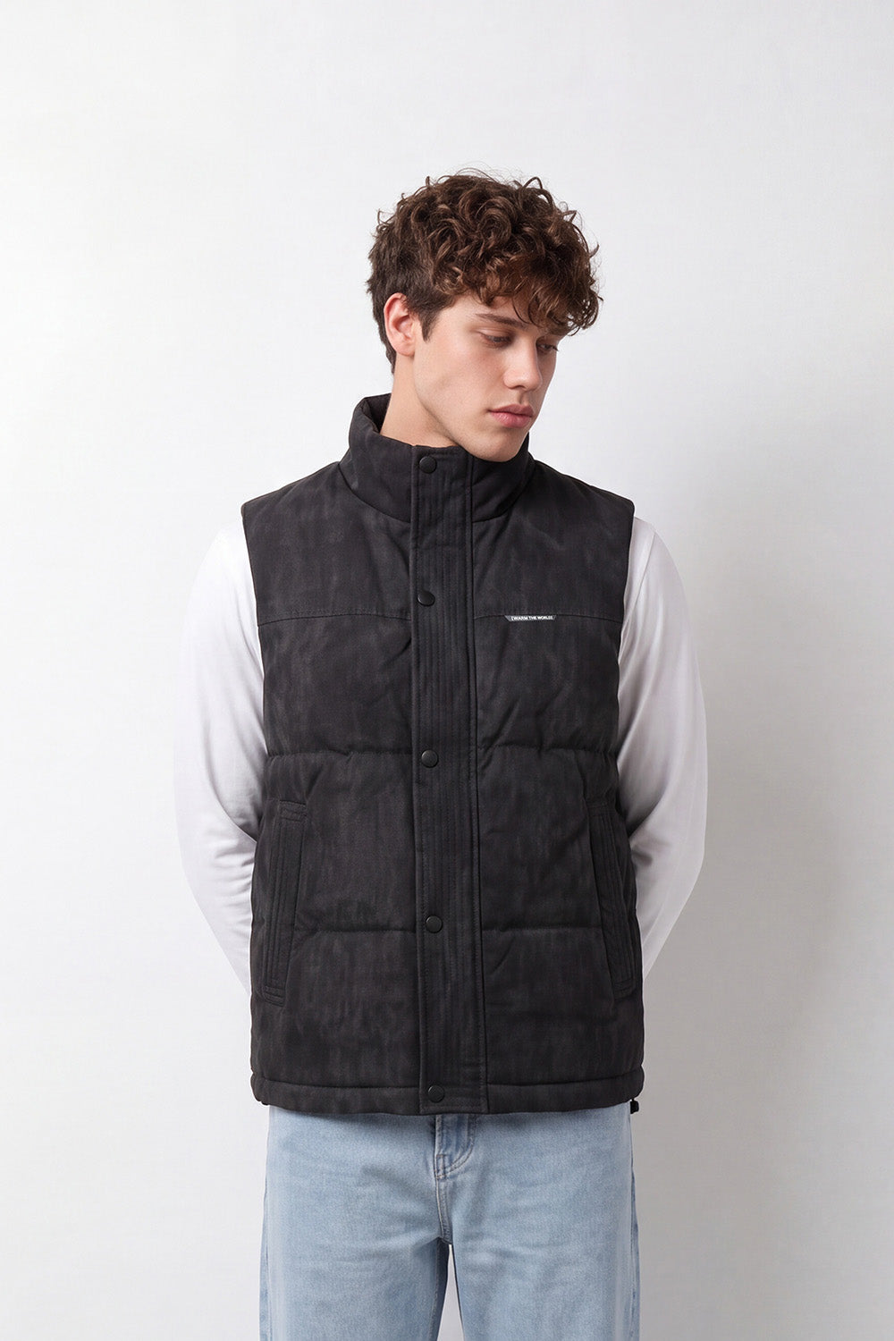 Men's Tomato Store Waterproof Padded Vest Sleeveless High Neck Snap Button Slim Fit Zip Front