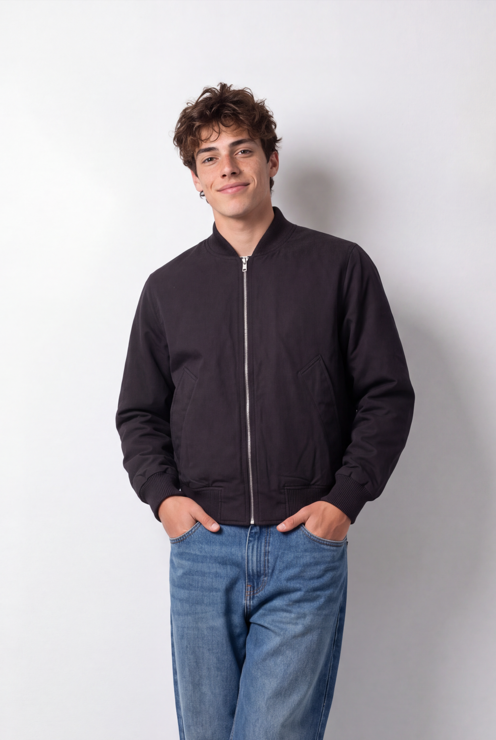 Men's Tomato Store Bomber Jacket Ribbed Collar Full-Zip Front Angled Side Pockets