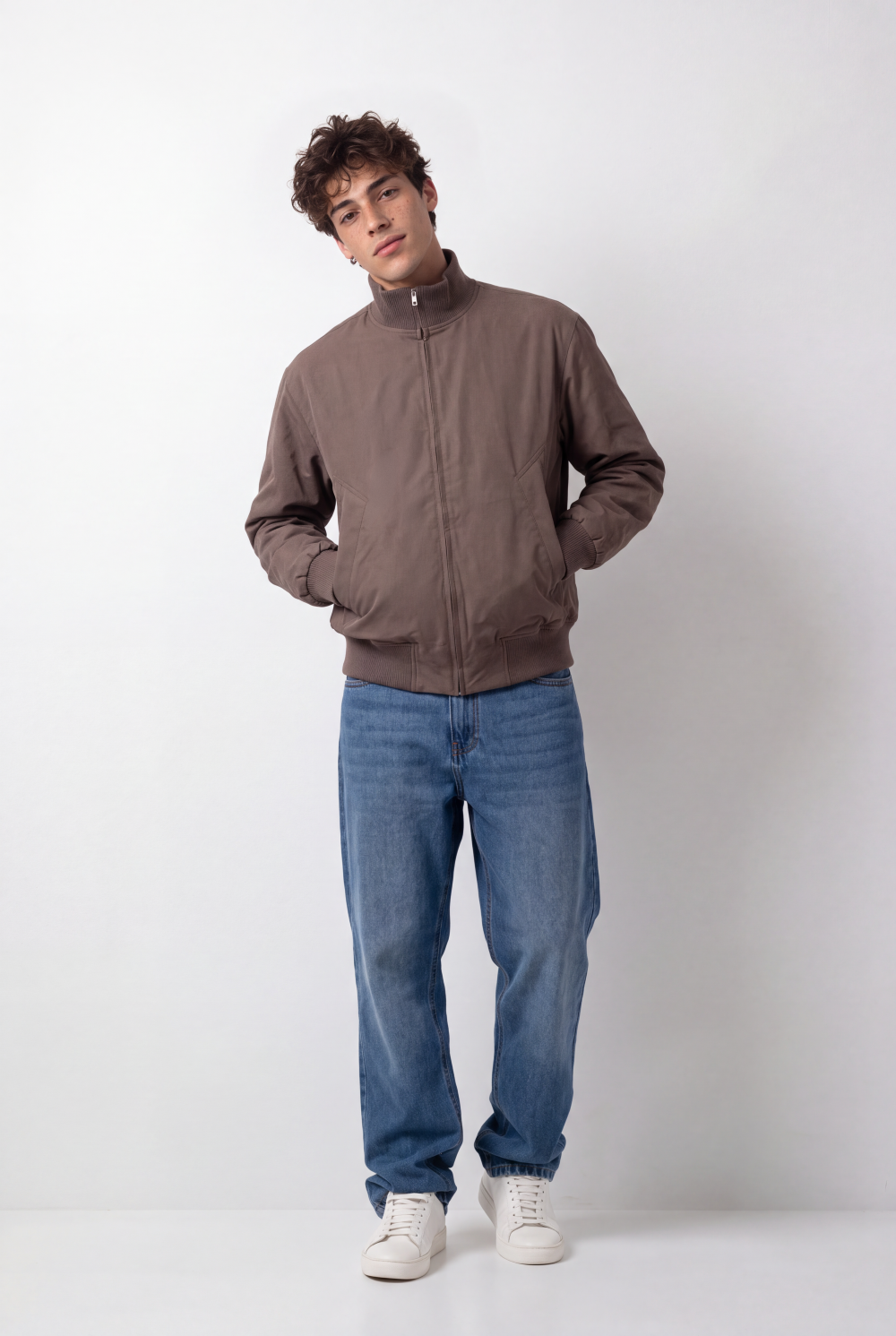 Men's Tomato Store Bomber Jacket Ribbed Collar Full-Zip Front Angled Side Pockets